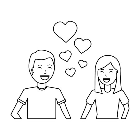 happy couple embraced together relationship hearts love vector illustration outline designのイラスト素材