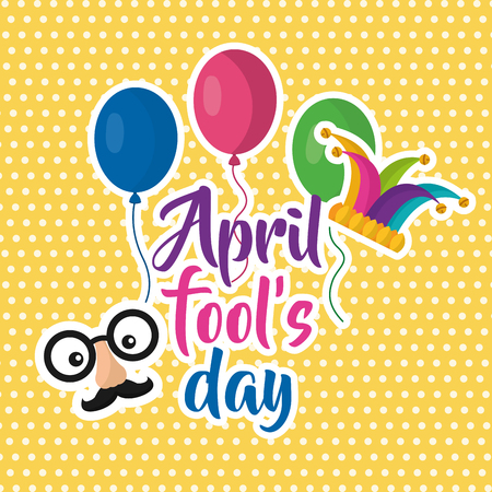 april fools day face mustache balloons jester hat poster vector illustrationのイラスト素材