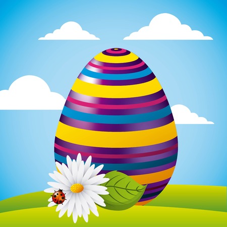 cute big striped egg with flower and ladybug field vector illustrationのイラスト素材