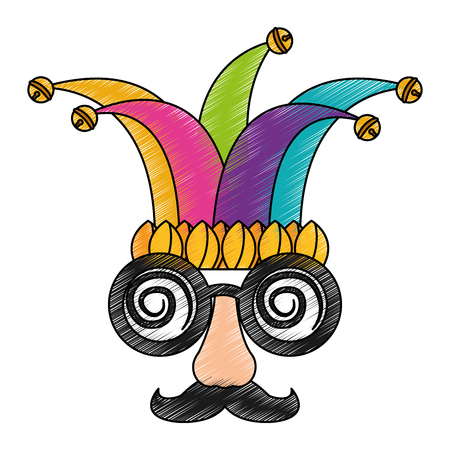 funny mask silly glasses mustache and jester hat fools celebration vector illustration color drawing designのイラスト素材