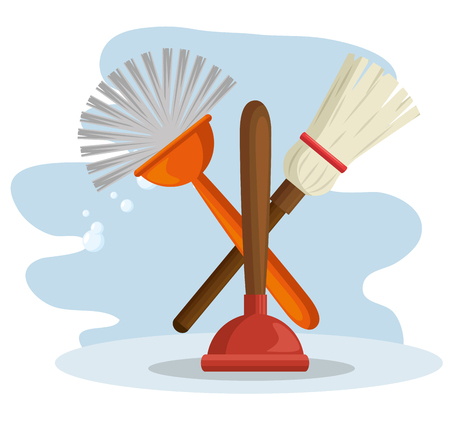 cleaning supplies with brush and broom housekeeing concept vector illustration graphic designのイラスト素材