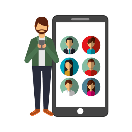 bearded man standing next to big mobile using smartphone vector illustrationのイラスト素材