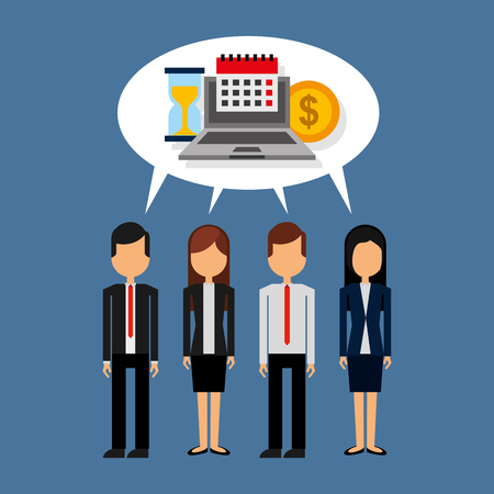 business people standing with speech bubble and laptop money clock calendar vector illustrationのイラスト素材
