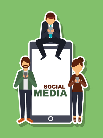 people using mobile phone and big smartphone social media vector illustrationのイラスト素材