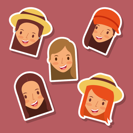 set of happy faces women avatar iconsのイラスト素材