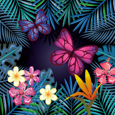 tropical and exotics flowers with butterflies vector illustration designのイラスト素材