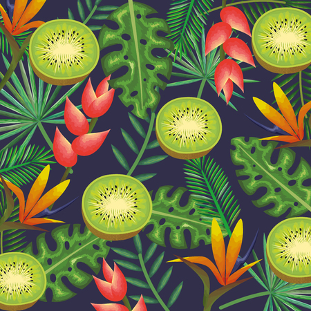tropical garden with kiwi vector illustration design fruits, leaves and flowers, summer and exotic conceptのイラスト素材