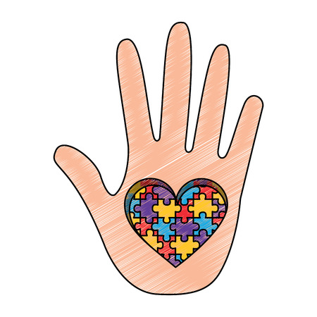 hand with puzzle heart autism symbol vector illustration drawing color designのイラスト素材