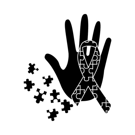 puzzle pieces with awareness ribbon  and hand icon image vector illustration design  black and whiteのイラスト素材