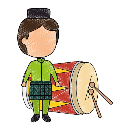 Blank-faced boy on a green traditional clothing with a tropical drum with sticks.のイラスト素材