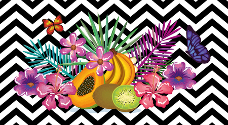 tropical flower with fruits abstract background vector illustration design leaves and flowers, summer and geometric patternのイラスト素材
