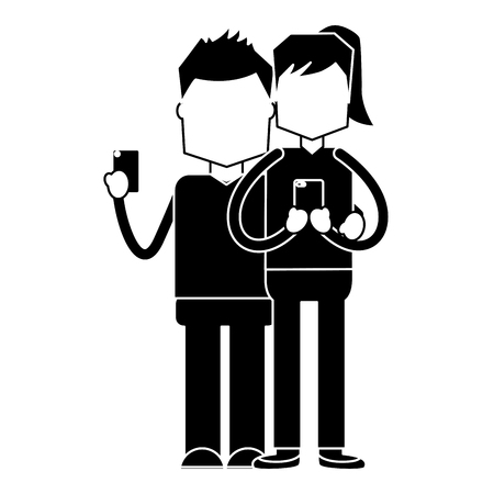 woman and man holding smartphone typing text and sending messages full length vector illustration black and white imageのイラスト素材