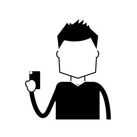 portrait character holding in hand smartphone device vector illustration black and white imageのイラスト素材