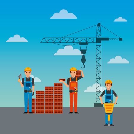 A construction workers wall brick jackhammer and crane vector illustrationのイラスト素材