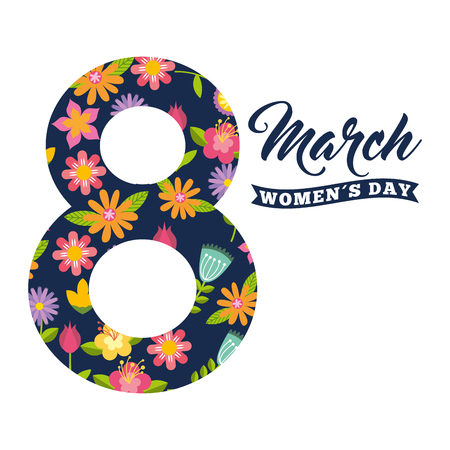 Number 8 shape filled with colorful flowers with March Women's Day. Vector illustration.のイラスト素材