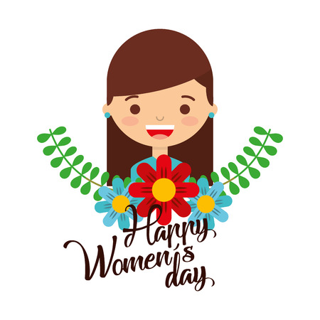 Happy Womens Day design with cute girl with flowers. Vector illustration in cartoon styleのイラスト素材