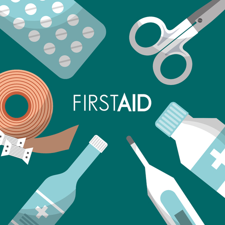 first aid kit pills scissors thermometer bottle medical health vector illustrationのイラスト素材