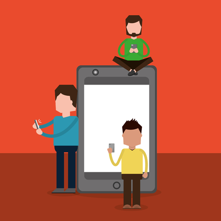 group of people using smartphone and big mobile phone vector illustrationのイラスト素材