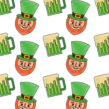 happy face leprechaun and beer glass pattern vector illustrationのイラスト素材