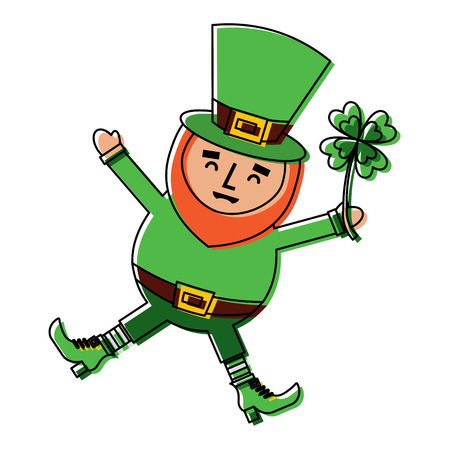 happy leprechaun jumping holding clover in hand vector illustrationのイラスト素材
