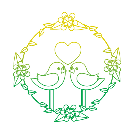 two happy cute bird in love with the heart in floral wreath vector illustration neon color line imageのイラスト素材