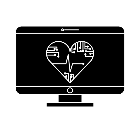 monitor computer heart monitoring circuit healthy technology vector illustration black and white designのイラスト素材