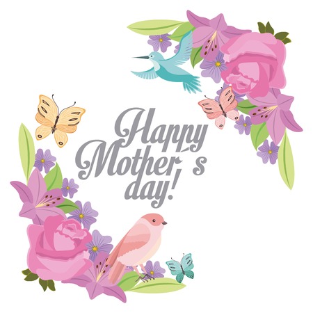 happy mothers day delicate flowers bird butterfly ornament vector illustrationのイラスト素材