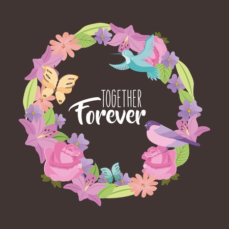 together forever weath flowers bird butterfly black background vector illustrationのイラスト素材