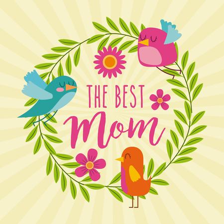 the best mom birds wreath leaves floral decoration icon vector ilustrationのイラスト素材