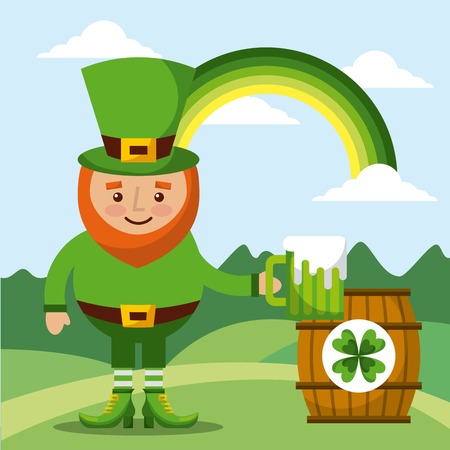 leprechaun holding green beer and barrel rainbow landscape vector illustrationのイラスト素材