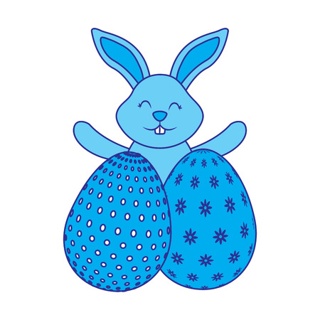 happy cute rabbit with two easter eggs decoration vector illustration blue imageのイラスト素材