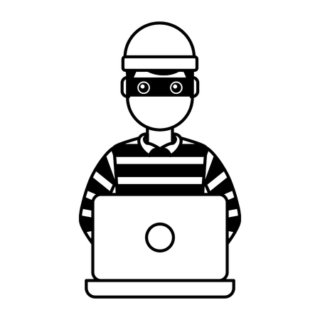 hacker male character working in laptop vector illustration outlineのイラスト素材
