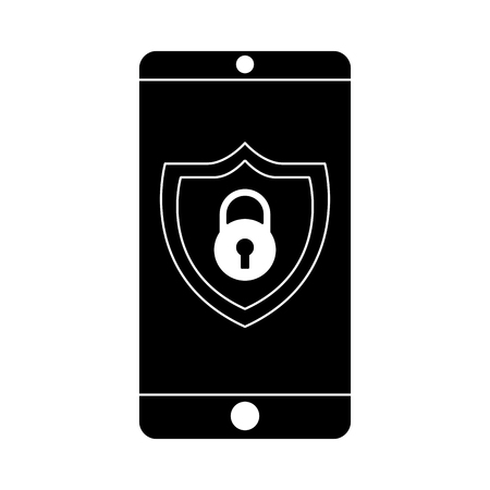 smartphone padlock security protection data app vector illustration  black and white graphicのイラスト素材