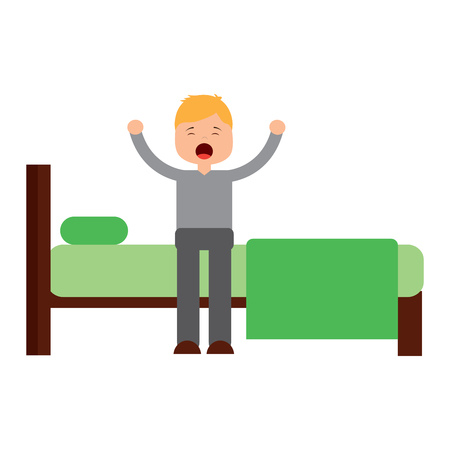 young man waking up sitting on bed with arms stretched vector illustrationのイラスト素材