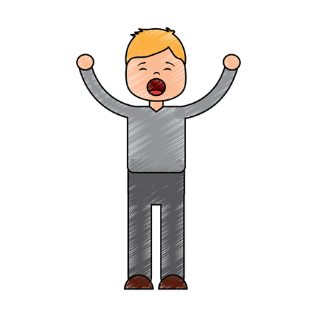 Young cartoon boy yawning stretching arms vector illustration drawing image designのイラスト素材