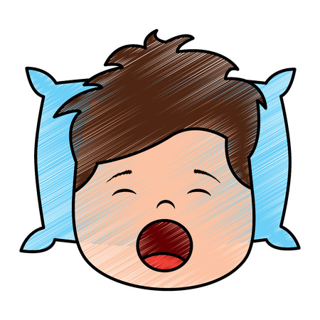 Young boy with head in pillow yawning vector illustration drawing image designのイラスト素材