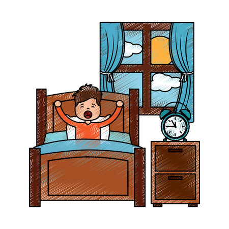 boy wake up stretching in wooden bed room bedside table clock window vector illustration drawing image designのイラスト素材