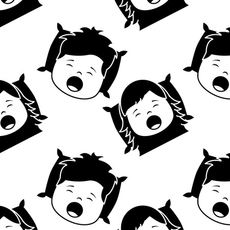 Pattern boy and girl yawning pillow wake up vector illustration black imageのイラスト素材