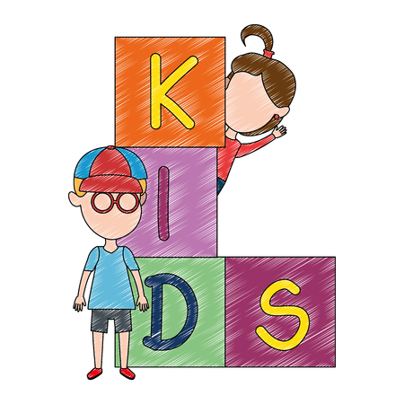 kids with blocks characters vector illustration designのイラスト素材