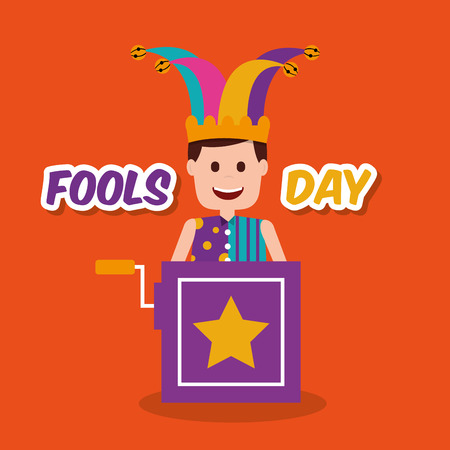 Fools day prank box with man in jester hat and clothes vector illustrationのイラスト素材