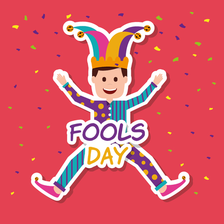 A jumping joker wearing a jester hat in pink background. a vector illustrationのイラスト素材