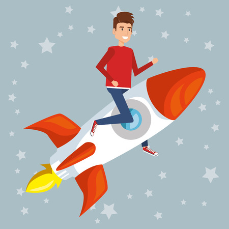 A young man on the rocket character vector illustration designのイラスト素材