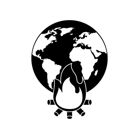 earth world globe with fire burning for climate change disasters vector illustration black and white designのイラスト素材
