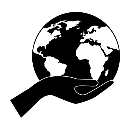 human hand holding earth globe world vector illustration black and white designのイラスト素材