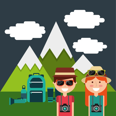cute couple tourists vacation mountains backpack vector illustrationのイラスト素材