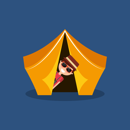 Funny man travelers vacation on tent camping vector illustrationのイラスト素材