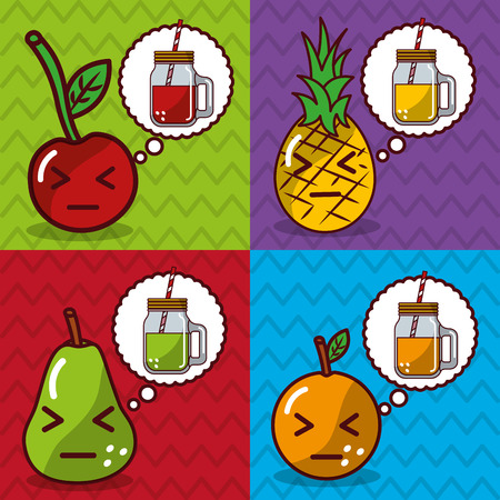 fruits and juices kawaii cartoon banners vector illustrationのイラスト素材