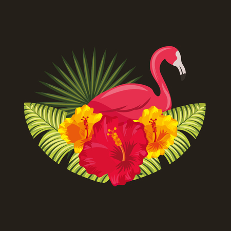 tropical pink flamingo with hibiscus, palm leaves with black background vector illustrationのイラスト素材