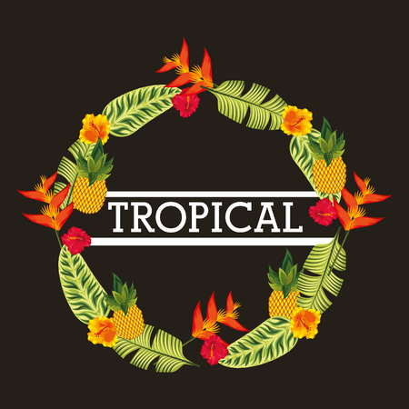 Weather flowers exotic and tropical leaves decoration black background vector illustrationのイラスト素材