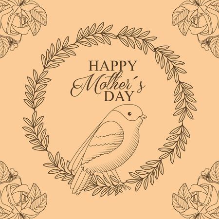 wreath leaves with bird flowers ornament drawing - happy mothers day vector illustrationのイラスト素材